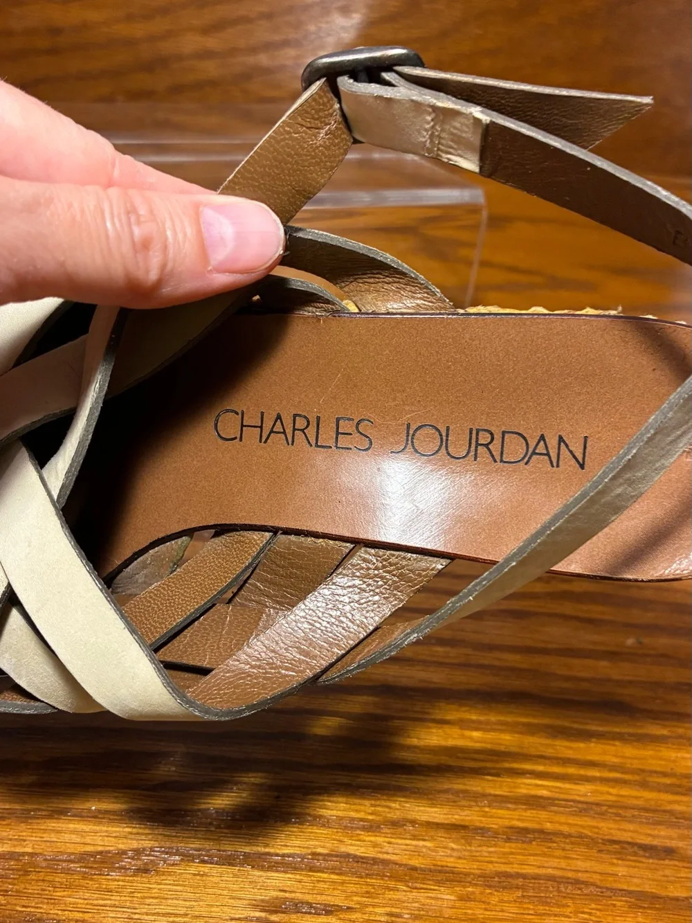 Y2K VTG Charles Jourdan Woven Nubuck Woven Wedge Slingback Sandals Beige Size 6